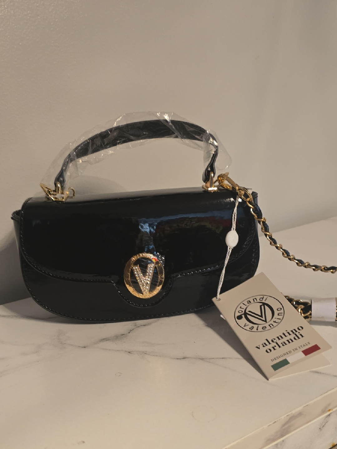 Valentino Orlandi Black Patent Mini Shoulder Bag With Gold V Emblem